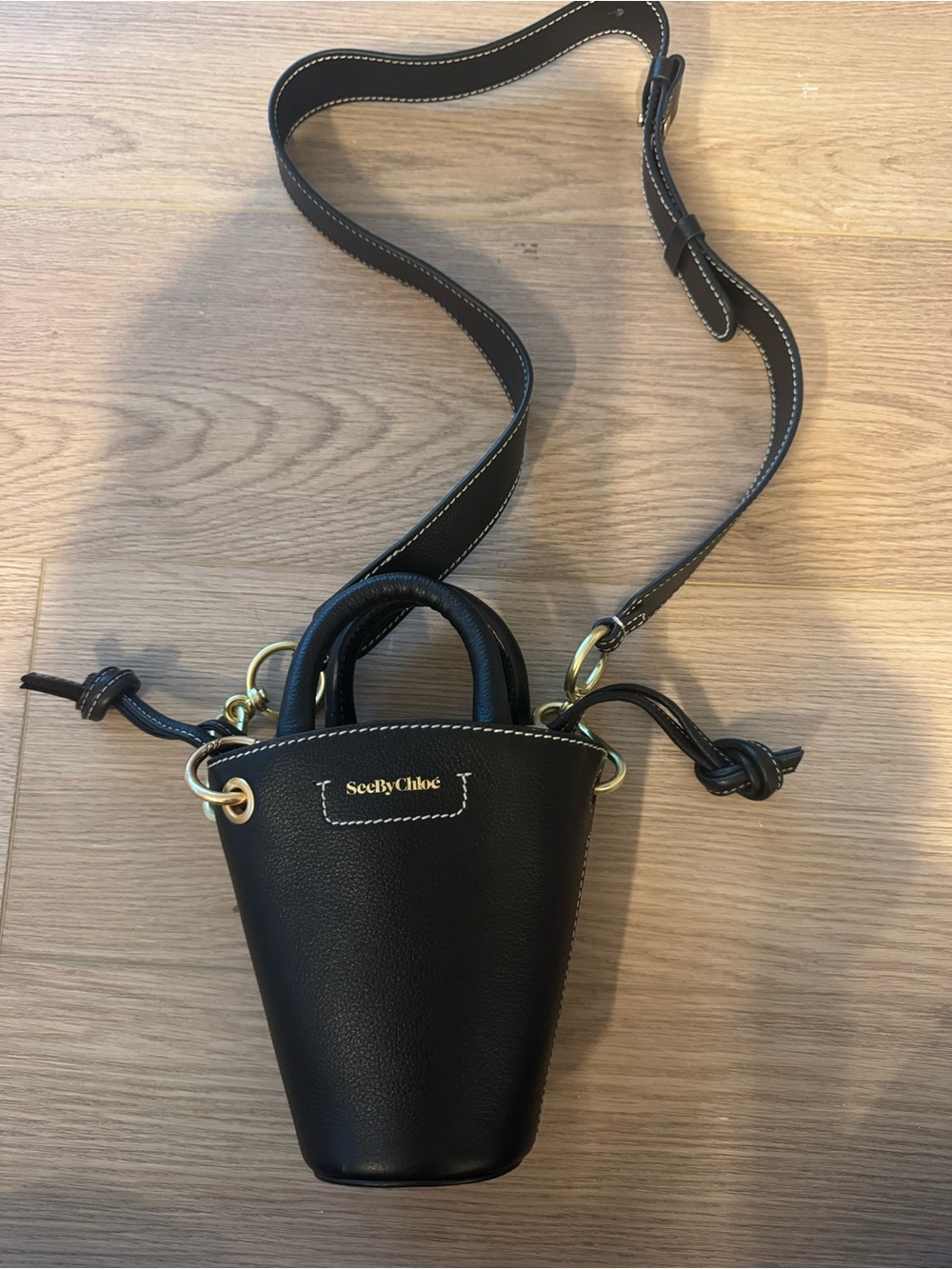 See By Chloe Black Mini Bucket Crossbody Bag with Gold Hardware